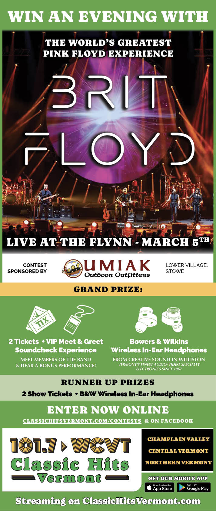 poster explaining to enter for a chance to win tickets to see Brit Floyd on March 5th at The Flynn Theater. The grand prize includes 2 tickets and a vip meet and greet soundcheck experience, as well as a Bowers & Wilkins Wireless in-ear headphones. The runner up will receive 2 show tickets and B&W Wireless in-ear headphones. You can enter here on our website, or on our facebook page